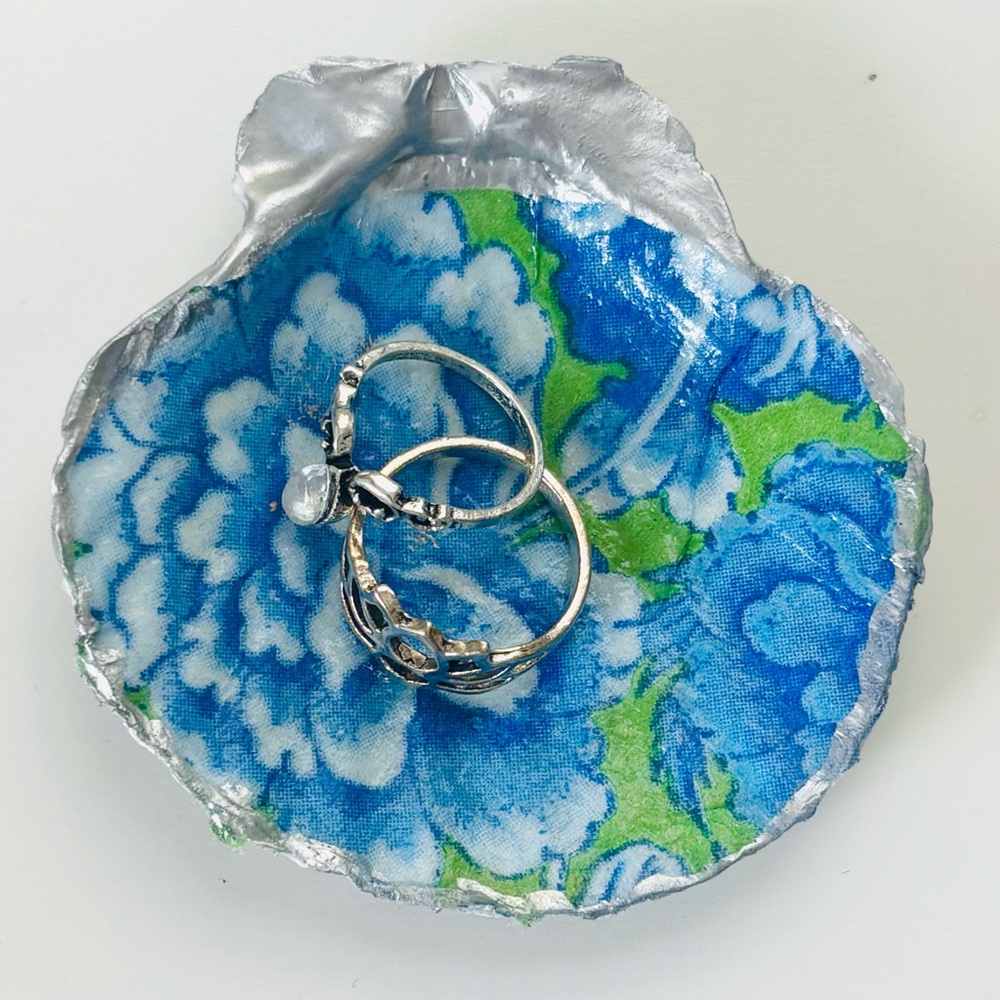 Handmade Scallop Shell Trinket Dish Mini w/Green & Blue Floral Decoupage Design